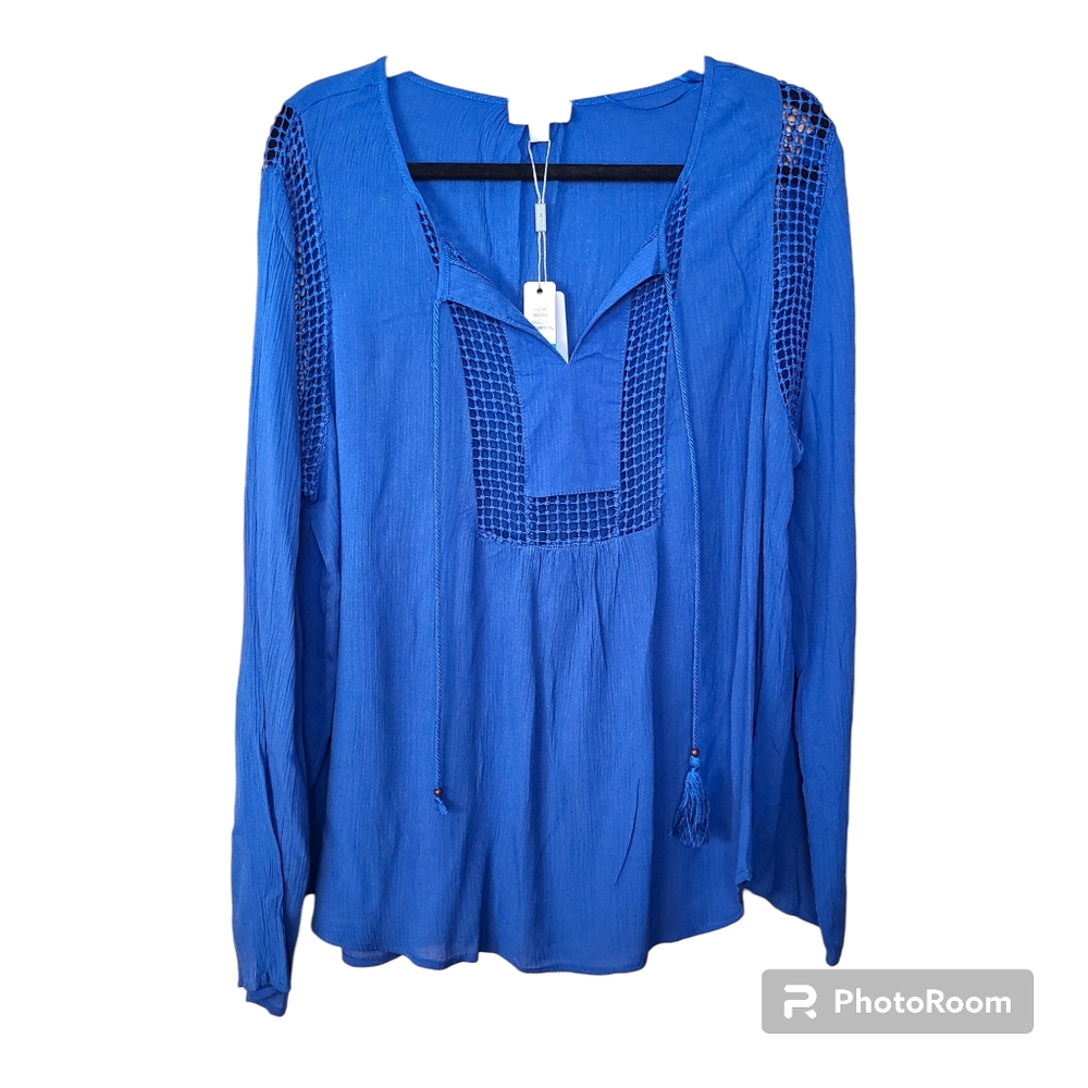 Joseph A. Crochet Detail Blouse Size X-Large Deep Sapphire Blue Tassel Ties NEW - Picture 2 of 7